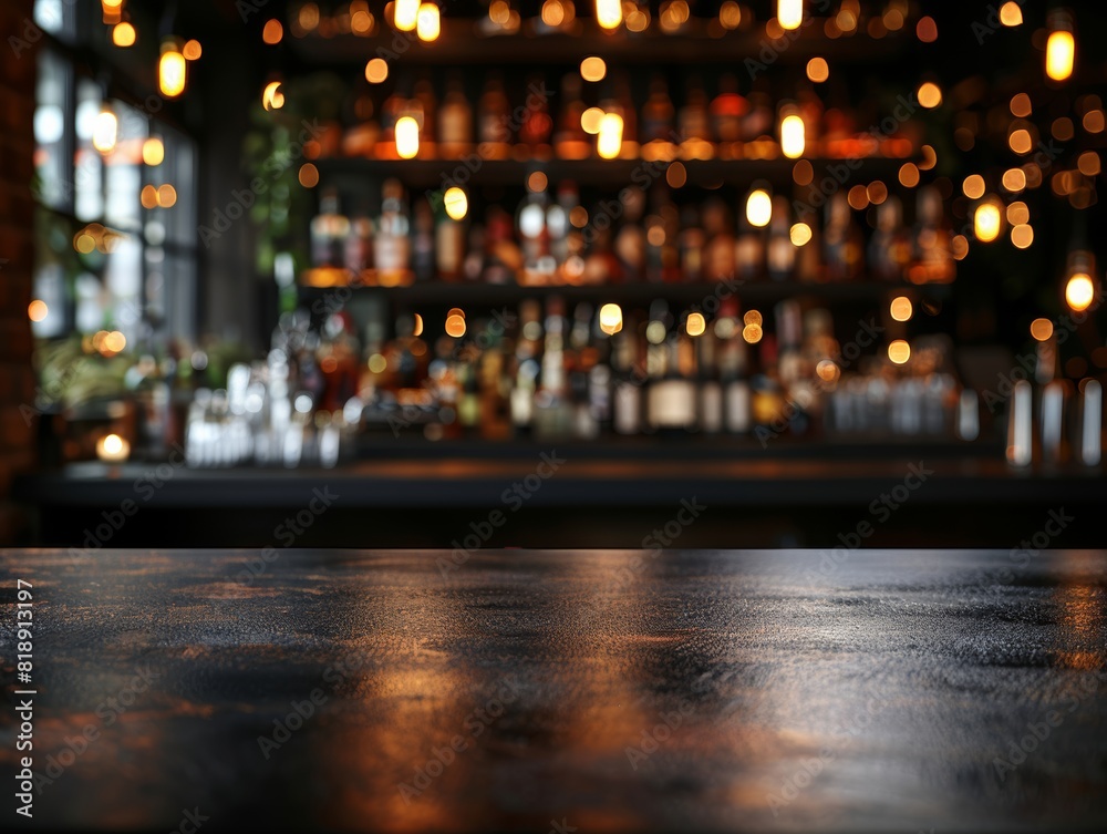 black bar counter top with blank space product mockup. on dark blurred background of restaurant or bar. blurred lights black bar counter top with blank space product mockup. on dark blurred background of restaurant or bar. blurred lights