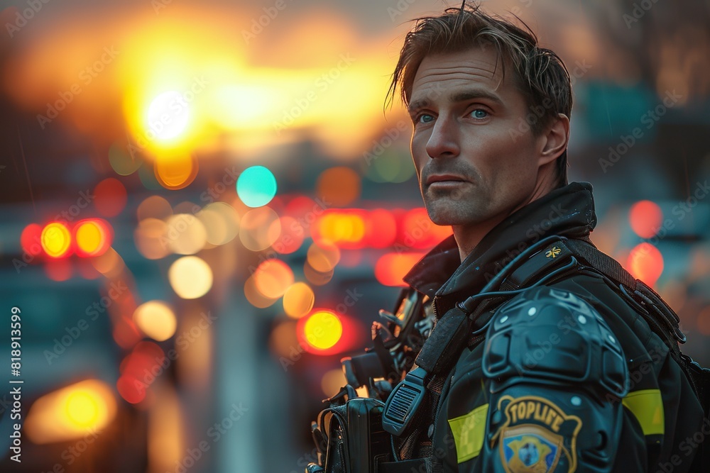 Obraz premium City Traffic Police Officer A traffic police officer directing vehicles at a busy intersection, ensuring smooth flow