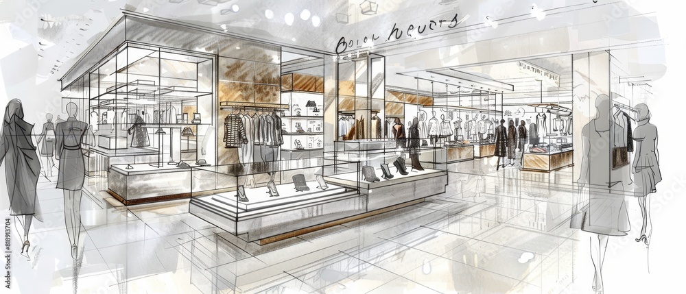 Architectural sketch of modern retail store interior.