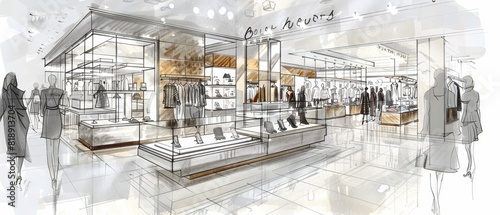 Architectural sketch of modern retail store interior. © MOMO