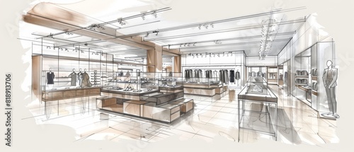 Architectural sketch of modern retail store interior.