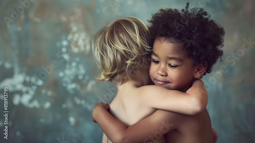 Close-up of 2 children in difference skin color and nationality are hugging each others on an abstract background. Background for back to school season.
