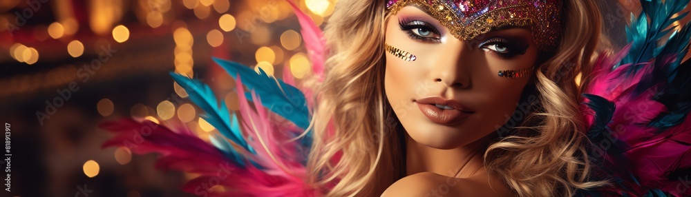 A beautiful woman with a colorful feathered headdress and blue eyes is looking at the camera A beautiful woman with a colorful feathered headdress and blue eyes is looking at the camera
