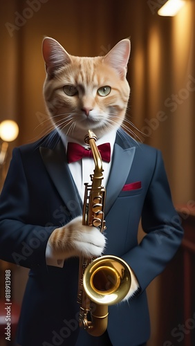 A cat in a blue suit and bow tie plays the saxophone at the theater.