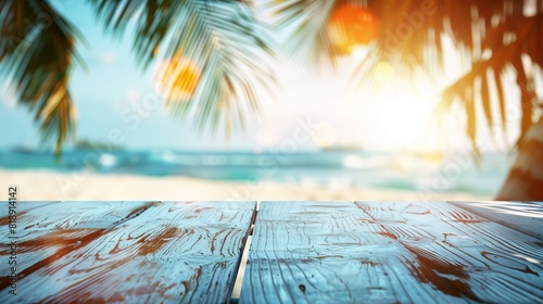Rustic white wooden table with a blurry sea in the background with sunshine and palm tree leaves for product display, Summer holiday vacation tropical beach concept, AI generated