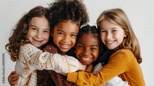 Close-up of 4 black and white children in diversity gender, skin color and nationality are hugging each others on a plain white background. Background for back to school season.