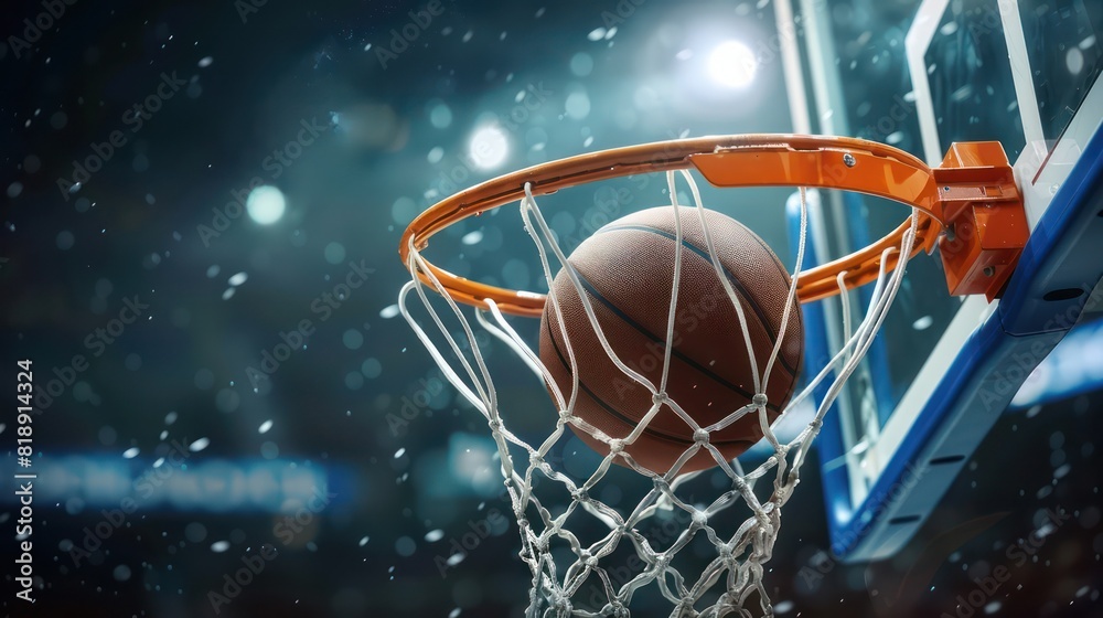 A close-up view of a basketball scoring through the hoop during an intense match depicted in a dramatically lit stadium A close-up view of a basketball scoring through the hoop during an intense match depicted in a dramatically lit stadium