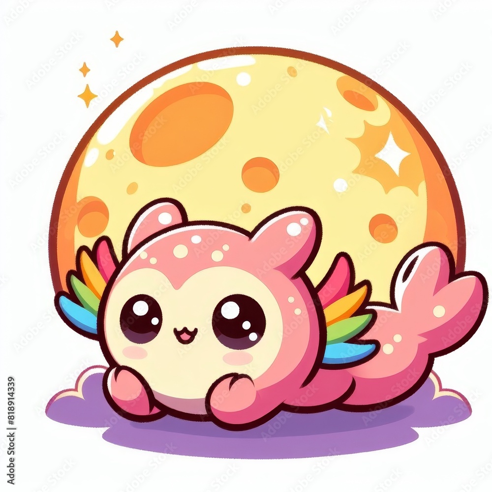 A cartoonish animal is laying on the ground next to a moon A cartoonish animal is laying on the ground next to a moon
