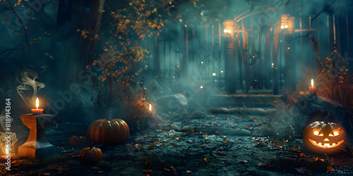 3D rendering Halloween background with pumpkins and haunted house, Haunted House Amidst a Pumpkin Patch at Twilight
