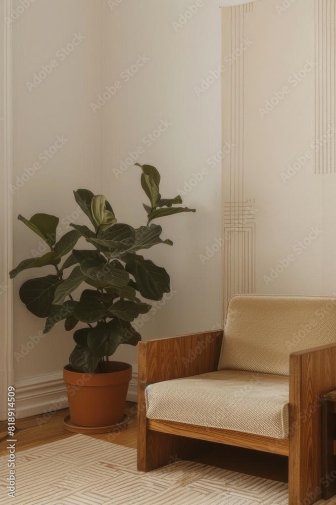 Fototapeta premium Gran planta Ficus Lyrata junto a sillón de madera maciza, Rincón acogedor con alfombra texturizada y luz natural, Estilo boho moderno con elementos naturales y botánicos