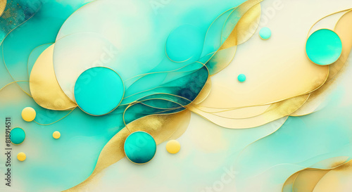 Background abstract paint of alcoholic ink wave, lines and circles in yellow and turquoise color. Generated by AI
