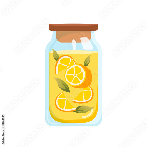 Summer Lemonade with lemons and leaves. Glass jar with stopper. Showcasing the natural foods and ingredients like citrus fruits. Fresh lemons juice, tasty beverage. Vector flat illustration.