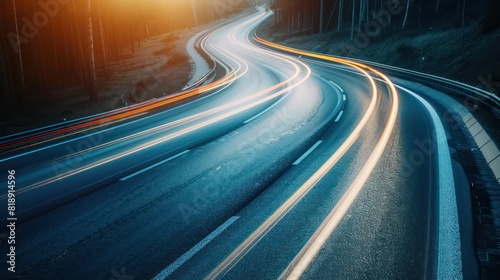 A scenic winding road with long exposure light trails captured during twilight  showcasing the motion of vehicles