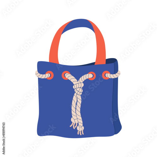 Electric blue beach bag with orange handles. Rectangular denim stylish handbag or shoulder pouch. Suitable for beachwear and accessories store. Summer accessory. Vector flat illustration.