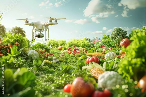 Isometric drone technology for lush green crop fields in efficient agricultural pest control using vector illustrations in modern farm management and crop monitoring.