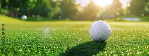 Background for golf playing. Sport playground for golf club concept. Green grass with golf ball close-up in soft focus at sunlight. photo
