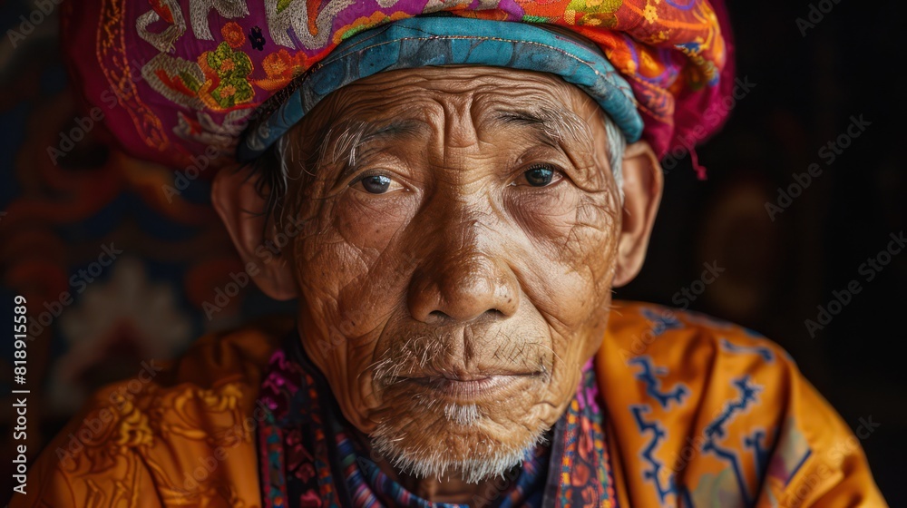 A close-up of an elderly man wearing a colorful traditional turban and attire, showcasing his weathered features and cultural heritage A close-up of an elderly man wearing a colorful traditional turban and attire, showcasing his weathered features and cultural heritage