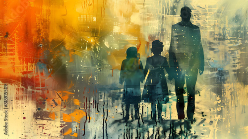 Conceptual idea image of children with family problems in abstract art design on a gradient orange background. A sad boy and a sad girl are holding hid father's hand, a divorced parent.