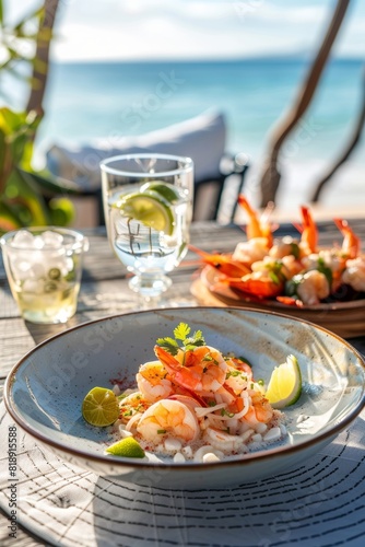 cebiche, ceviche, sebiche, seviche, coctel de gambas, ensalada de gambas y marisco fresco a la orilla del mar, menú típico de verano en un restaurante en la playa con vistas al mar, ensalada de verano photo