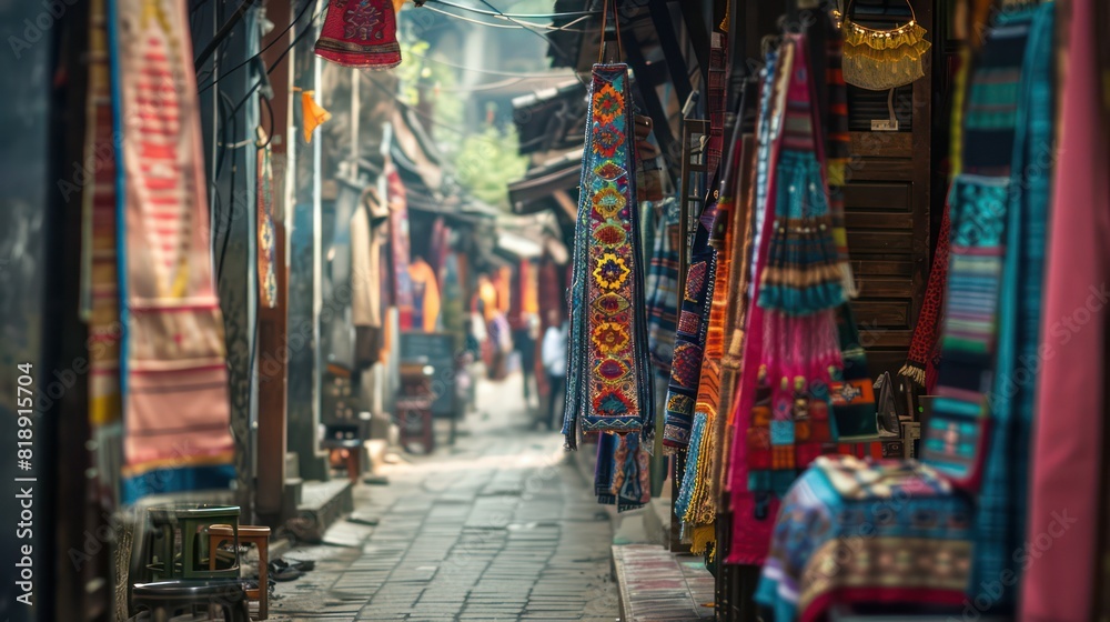 An atmospheric alleyway filled with richly patterned textiles hanging on either side creating a vibrant scene An atmospheric alleyway filled with richly patterned textiles hanging on either side creating a vibrant scene