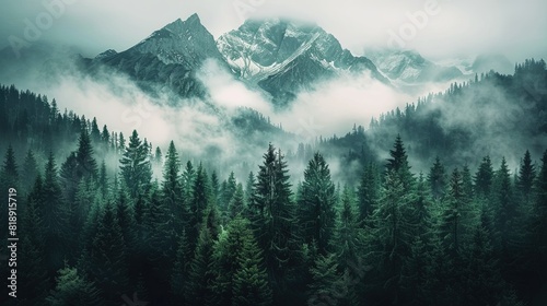 Nature Misty Jungle Vintage Woods A Retro-Inspired Journey Through Fir Forest Autumn trees in the Misty Forest, Misty landscape of fir forest in Canada © Kamran