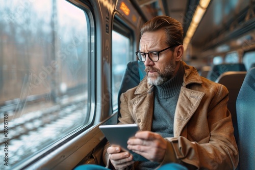 Businessman sitting next to window reading news and surfing internet on his tablet while traveling in comfortable high speed train