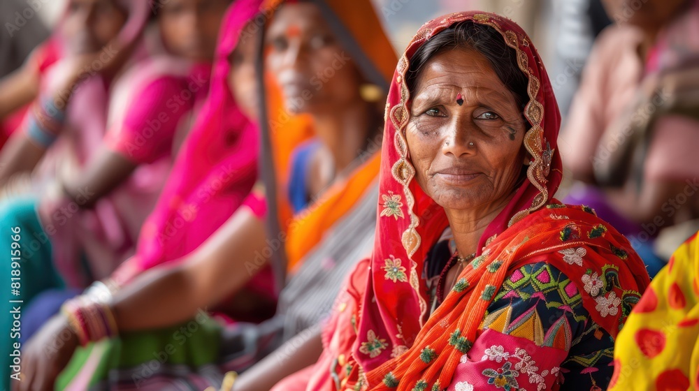 An elderly woman adorned in a vibrant traditional Indian saree and jewelry, set against a blurred background of people An elderly woman adorned in a vibrant traditional Indian saree and jewelry, set against a blurred background of people