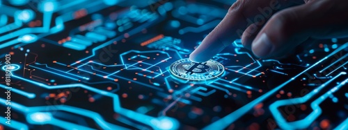 Close up of male hand pointing at creative glowing crypto coins on dark blue background with circuit lines. Cryptocurrency, digital money, technology and economic network concept photo