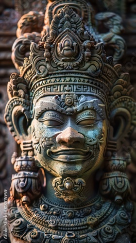 An ornately detailed statue with traditional patterns and designs exhibits skilled craftsmanship and cultural heritage