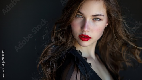 A close-up portrait of a young woman with flowing hair  red lips  and an intense  captivating gaze against a dark background