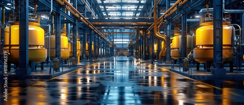 Modern industrial facility with yellow storage tanks, metal structures and shiny reflective floors. High-tech manufacturing environment.