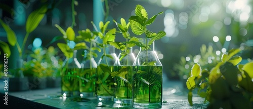 Row of glass bottles with green liquid and plant clippings under sunlight, representing biotechnology and plant research. photo