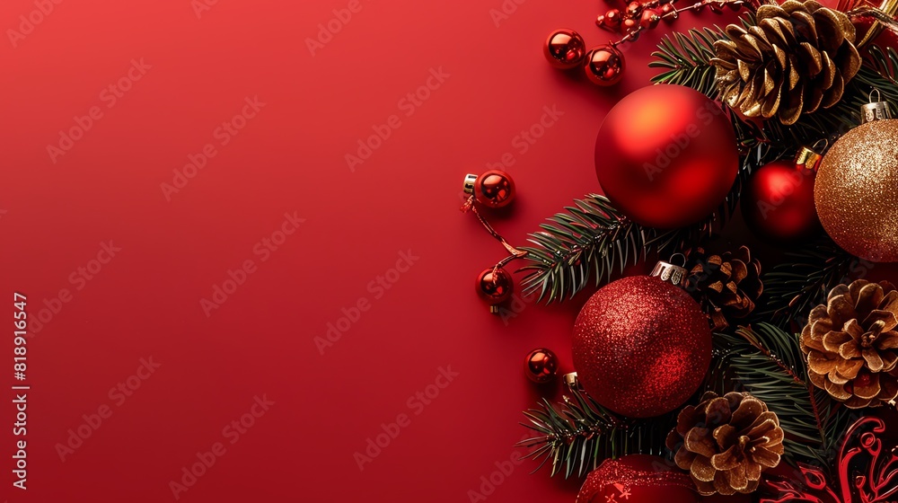 Festive Christmas background with red and gold ornaments, pine cones, and evergreen branches on a vibrant red backdrop. Festive Christmas background with red and gold ornaments, pine cones, and evergreen branches on a vibrant red backdrop.