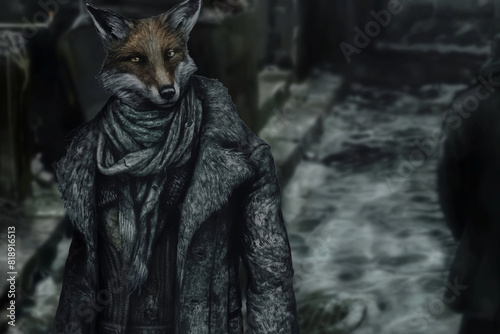 Portrait of a red fox in an elegant coat and scarf © Aliaksei