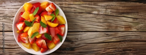 Concept of low calories delicious desserts. Summer fresh bowl with colorful fruit salad. Healthy natural organic food. Tasty sweet snack, light simple tasty lunch. Close up  wooden background banner photo