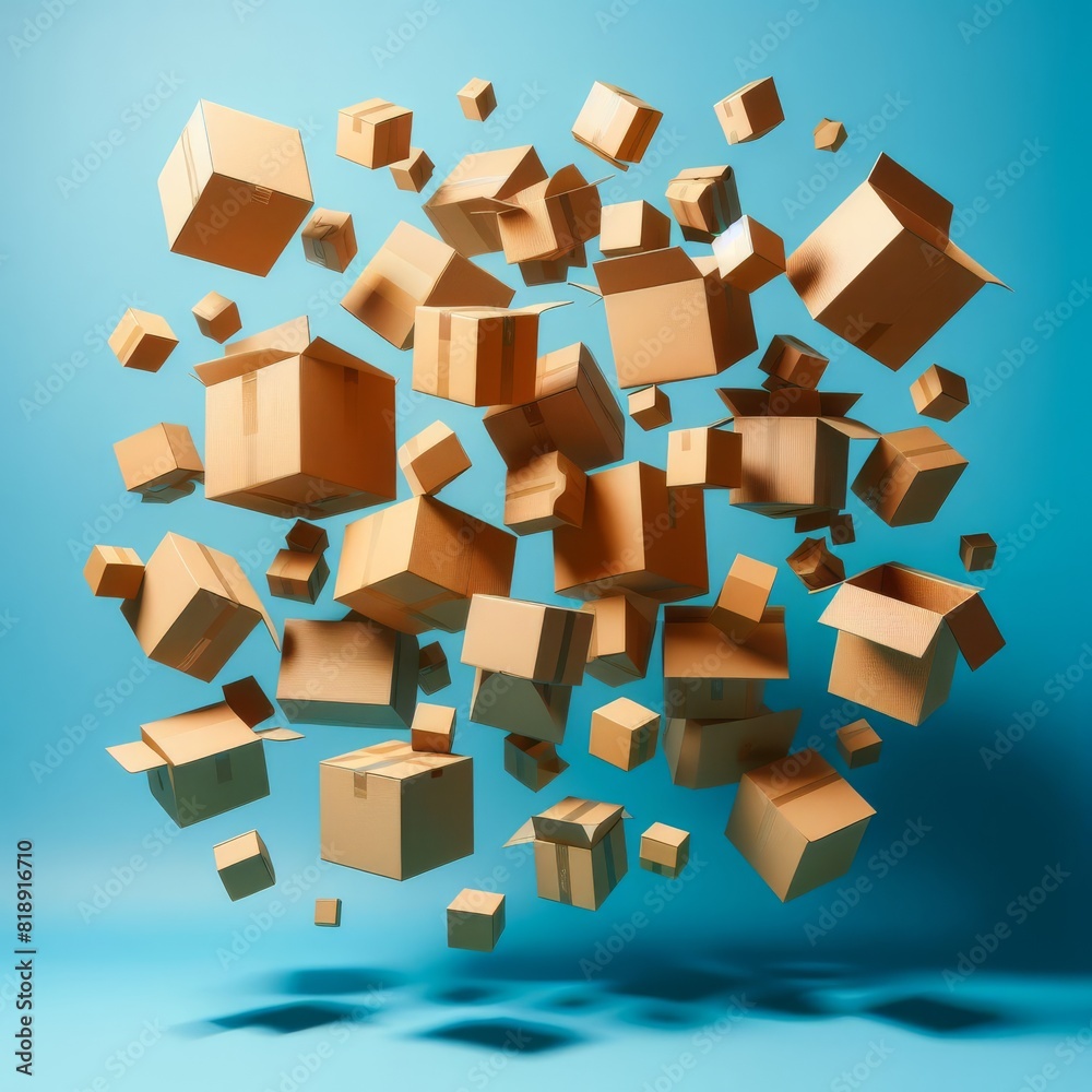 An array of brown cardboard boxes captured in a dynamic explosion against a serene blue background, creating a striking visual effect.. AI Generation