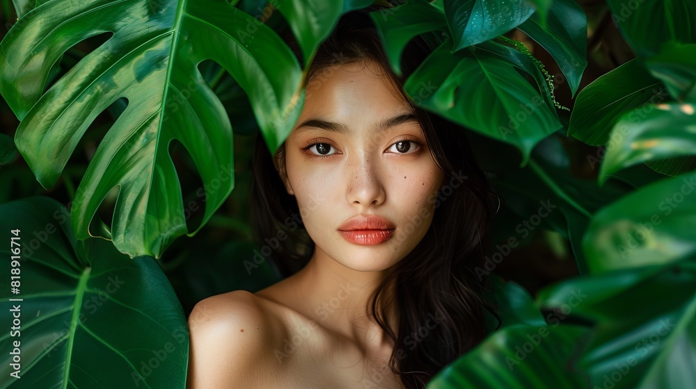 beautiful Chinese woman 20 years old, background of large tropical green leaves. Young Japanese or Korean woman with beautiful clear skin beautiful Chinese woman 20 years old, background of large tropical green leaves. Young Japanese or Korean woman with beautiful clear skin