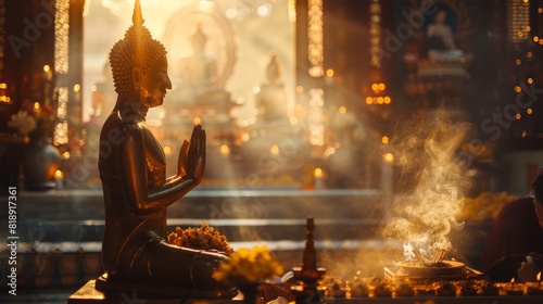 A tranquil scene with a golden Buddha and worshippers holding incense, perfect for Visakha Bucha Day promotional materials.