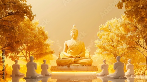 A tranquil scene with a golden Buddha and worshippers holding incense, perfect for Visakha Bucha Day promotional materials. photo