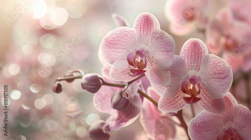 A close-up of a delicate orchid with intricate patterns and soft pink petals.