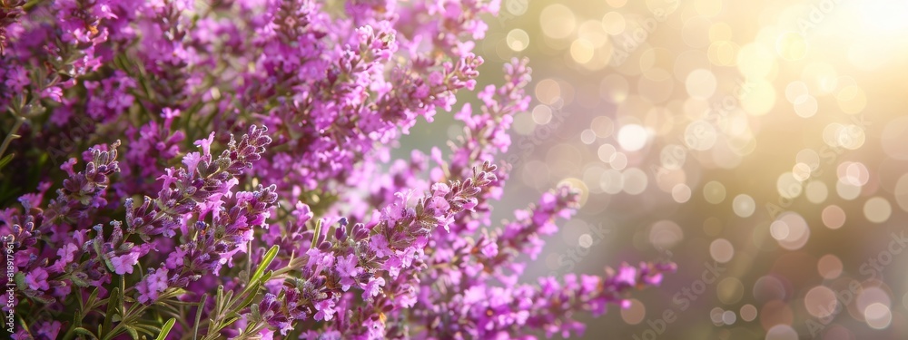 Seasonal blooming lavender in garden. Impressions with purple fragrant plant and bright bokeh. Horizontal close-up with short depth of field. Seasonal blooming lavender in garden. Impressions with purple fragrant plant and bright bokeh. Horizontal close-up with short depth of field.