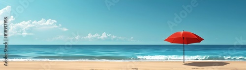 Red umbrella standing alone on a serene beach under a clear sky.