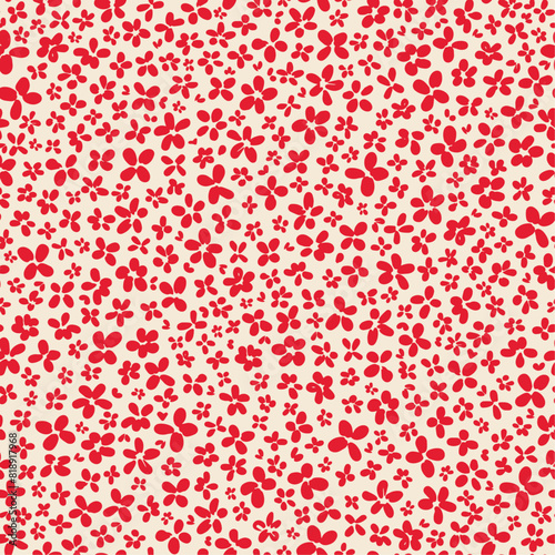 Cute little calico flowers seamless repeat pattern. Random placed, pink vector floral botany aop, all over surface print on white background.
