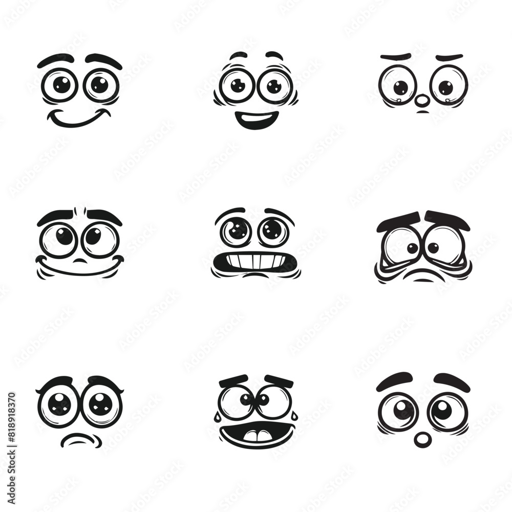 set of cartoon funny expressions, cartoon laugh sad funny smile expressions, collection of funny cartoon expressions, cartoon face set	