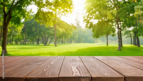 empty wooden deck table with park bokeh background