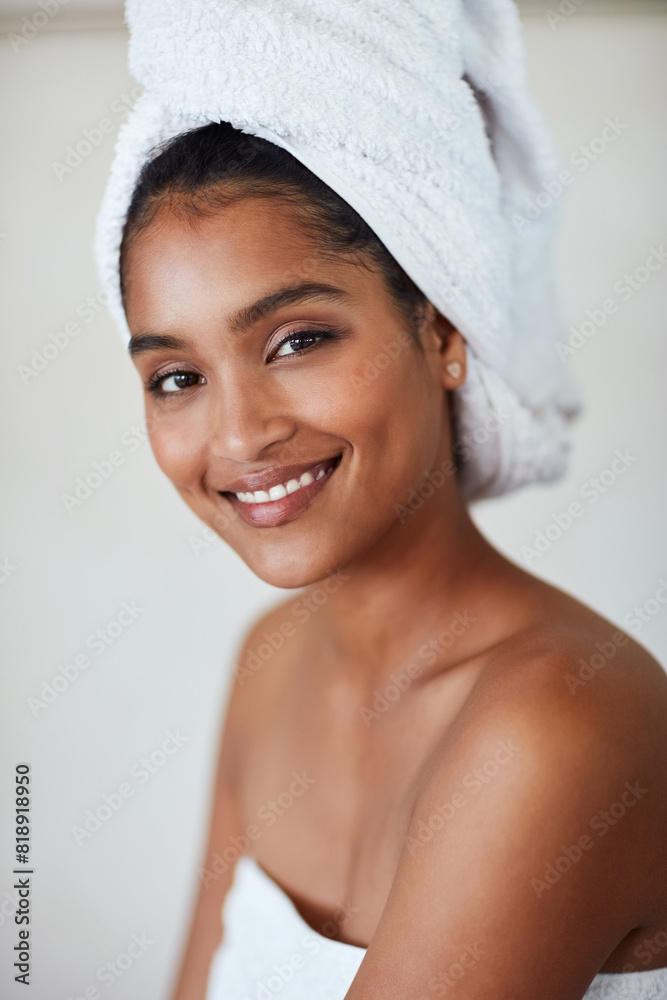 African woman, skin or towel with face in bathroom for natural beauty, cosmetics with hygiene. Female model, smile or makeup with confidence on gray background in portrait, happiness with aesthetics African woman, skin or towel with face in bathroom for natural beauty, cosmetics with hygiene. Female model, smile or makeup with confidence on gray background in portrait, happiness with aesthetics