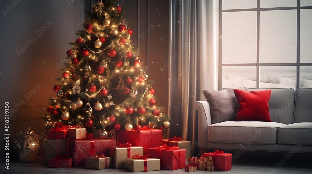Christmas tree in living room with gifts and decoration. Generative AI.
