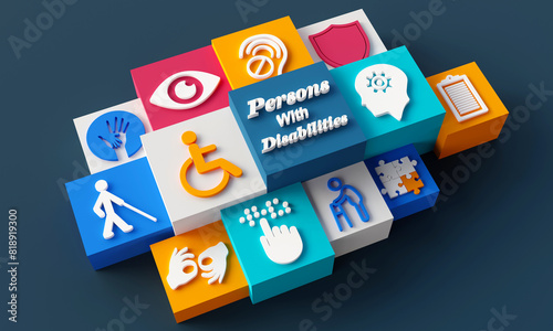 Persons with disabilities icons on dark background. 3D Rendering
