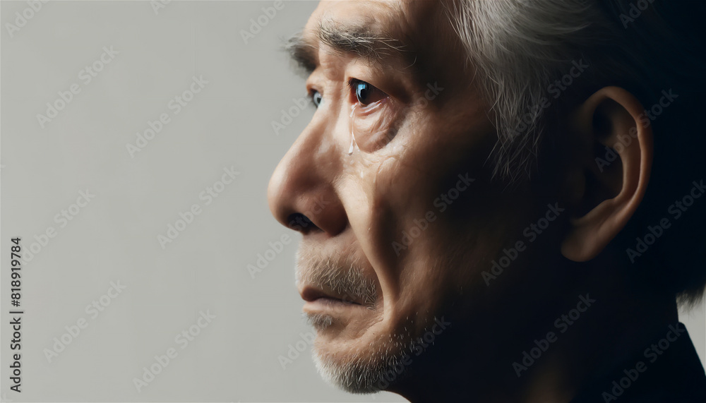 涙を流して泣くシニアの日本人男性 涙を流して泣くシニアの日本人男性