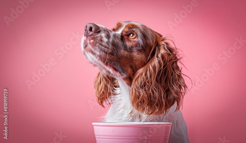 A sprightly spaniel pup gazes upwards with a hopeful expression, perched in a bright pink bowl. photo